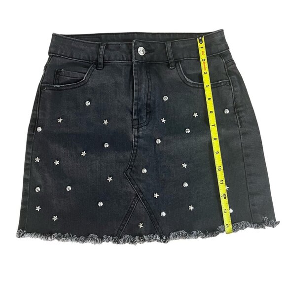 Women’s Black Denim Mini Skirt Star Stud Embellished Raw Frayed Hem Size S - Picture 2 of 10